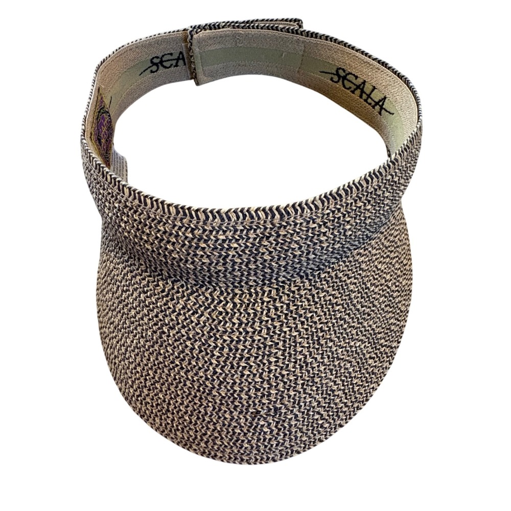 Scala Collezione Women Tan Black‎ Braided Straw Sun Visor Adjustable One Size
